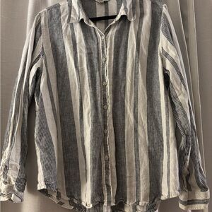 Orvis Blue & White Striped Women's Button Down Linen/Rayon Shirt - roomy XL